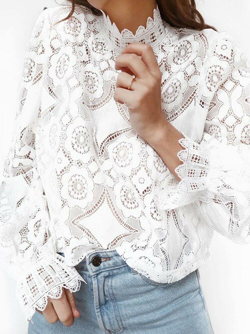 Lace Hollow Blouses in white